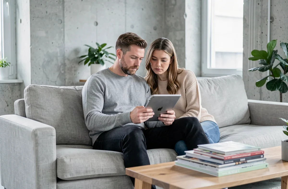 Couple assis sur un canapé regardant une tablette ensemble, illustrant la gestion commune des polémiques sur internet