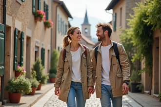 Jeune couple souriant dans un village européen charmant