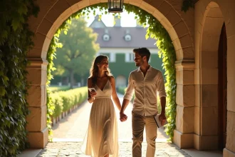 Couple visitant un domaine viticole en Gironde pour organiser leur mariage, consultant une check-list devant un château en pierre