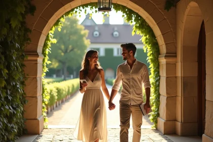 Couple visitant un domaine viticole en Gironde pour organiser leur mariage, consultant une check-list devant un château en pierre
