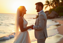 Couple échangeant leurs vœux sur une plage tropicale au lever du soleil