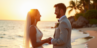 Couple échangeant leurs vœux sur une plage tropicale au lever du soleil