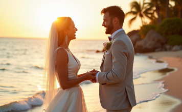 Couple échangeant leurs vœux sur une plage tropicale au lever du soleil