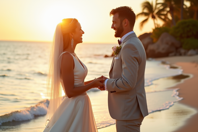 Couple échangeant leurs vœux sur une plage tropicale au lever du soleil