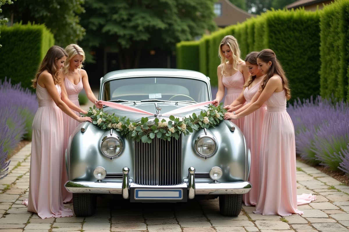 Groupe de témoins décorant une voiture vintage en extérieur