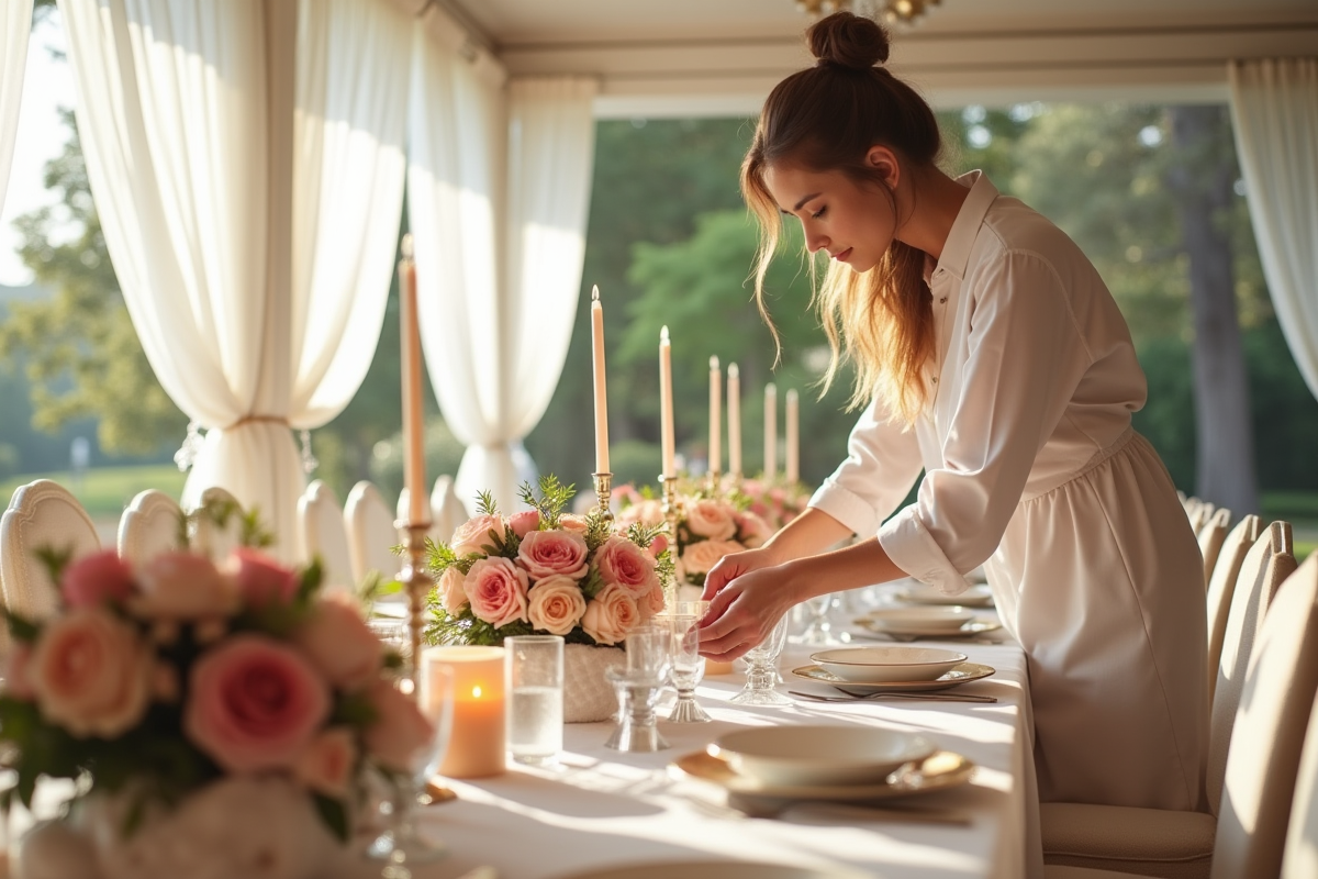 Décoratrice arrangeant des centres de table floraux pour mariage
