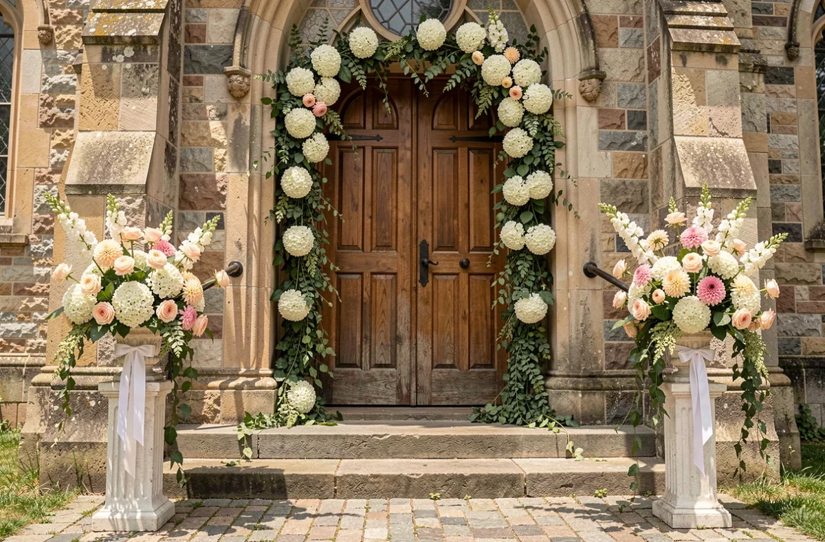 Décoration florale de cérémonie religieuse à l'entrée d'une église avec des arrangements de roses et d'hortensias blancs