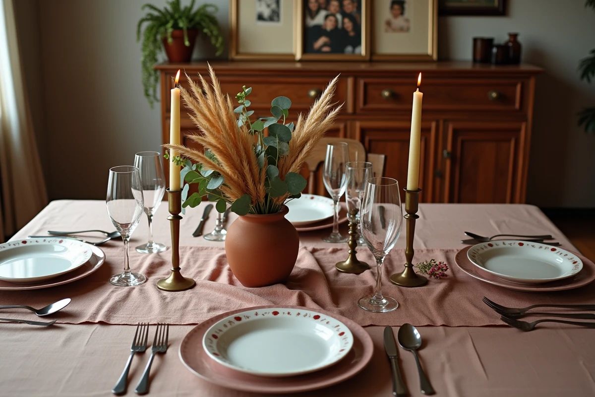 Table de fête anniversaire de mariage décorée simplement avec vaisselle vintage et fleurs séchées