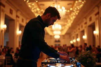 DJ professionnel aux platines lors de l'entrée en salle d'un mariage dans un grand salon élégant