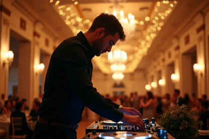 DJ professionnel aux platines lors de l'entrée en salle d'un mariage dans un grand salon élégant