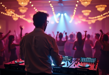 DJ de mariage derrière un booth moderne lors d'une réception festive