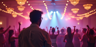 DJ de mariage derrière un booth moderne lors d'une réception festive