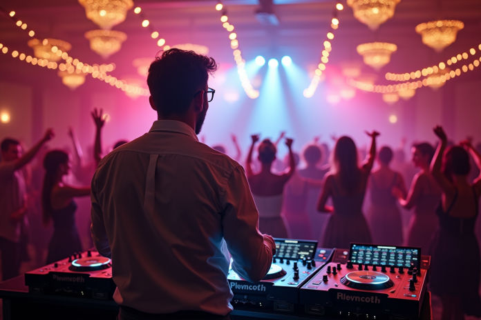 DJ de mariage derrière un booth moderne lors d'une réception festive