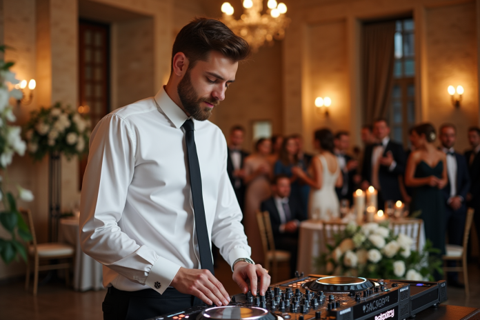 dj-mix-mariage DJ homme en pleine animation lors d'un mariage élégant