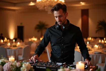 DJ professionnel en action lors d'une réception de mariage dans une salle élégamment décorée