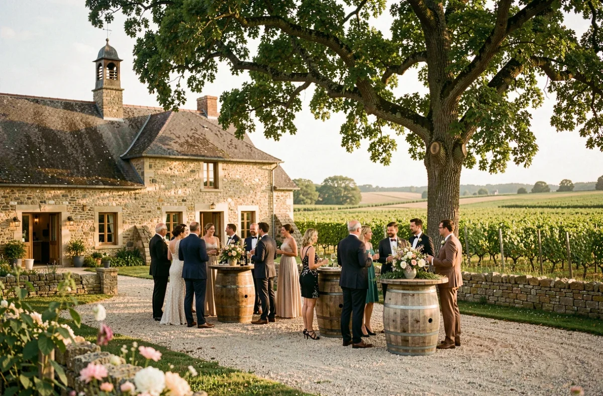 Domaine de la Fougeraie en Indre-et-Loire avec réception de mariage champêtre sous les chênes et vignes en arrière-plan