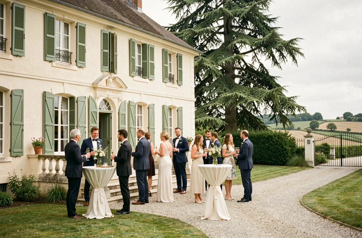 Domaine de la Pinière en Touraine avec réception de mariage sur la terrasse devant le manoir du XIXe siècle