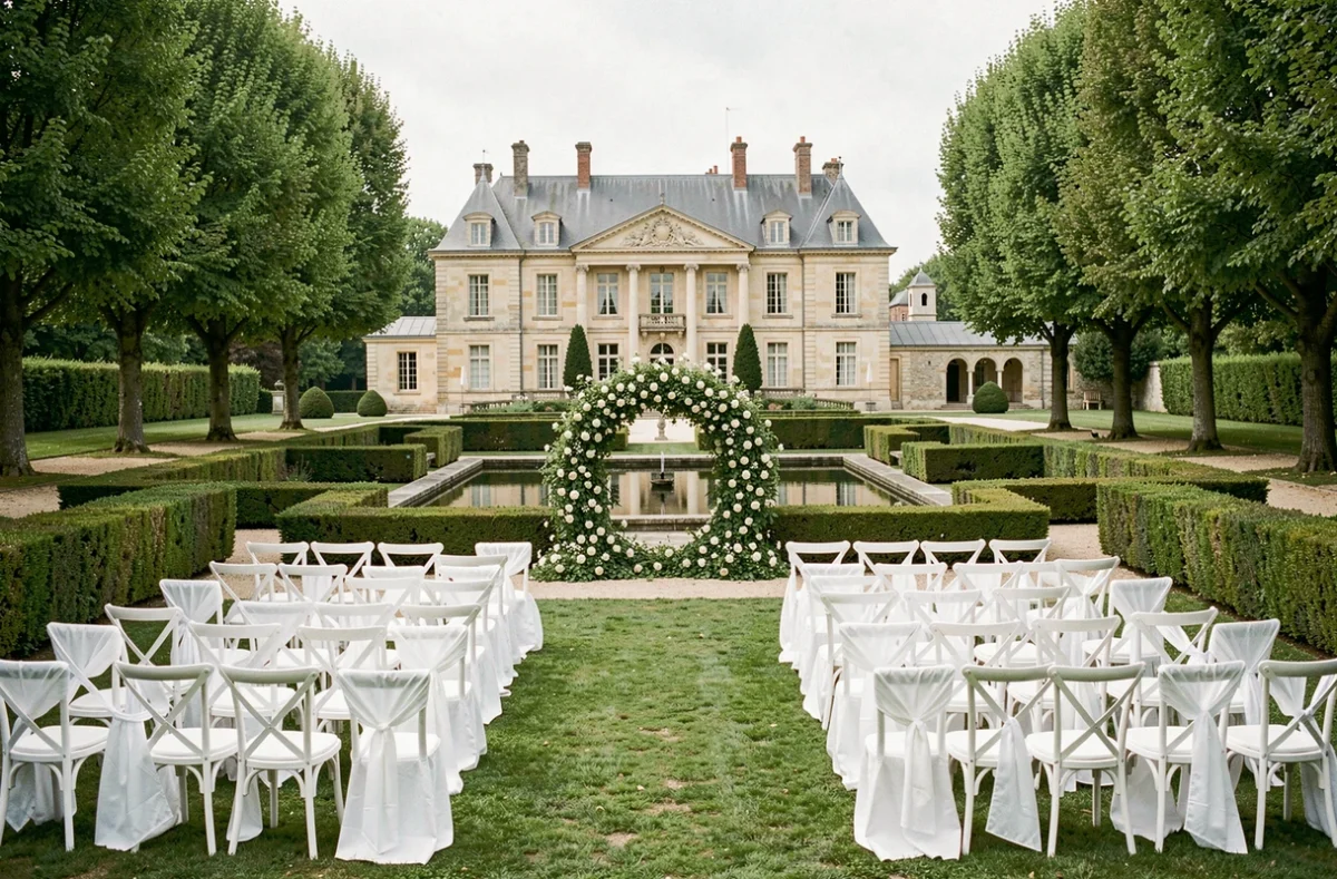 Domaine de la Volière en Indre-et-Loire avec cérémonie de mariage en plein air dans le jardin à la française