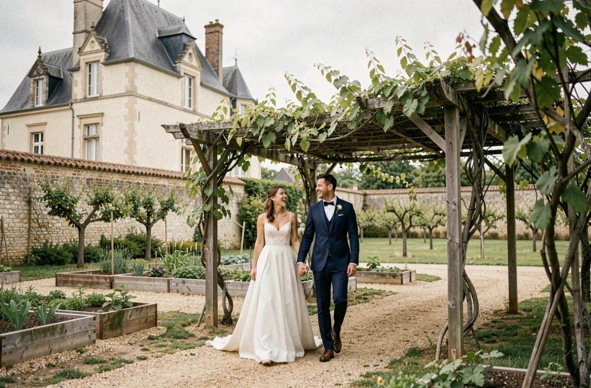 Domaine de Pontourny dans le Véron avec les mariés se promenant sous la pergola du jardin clos du château