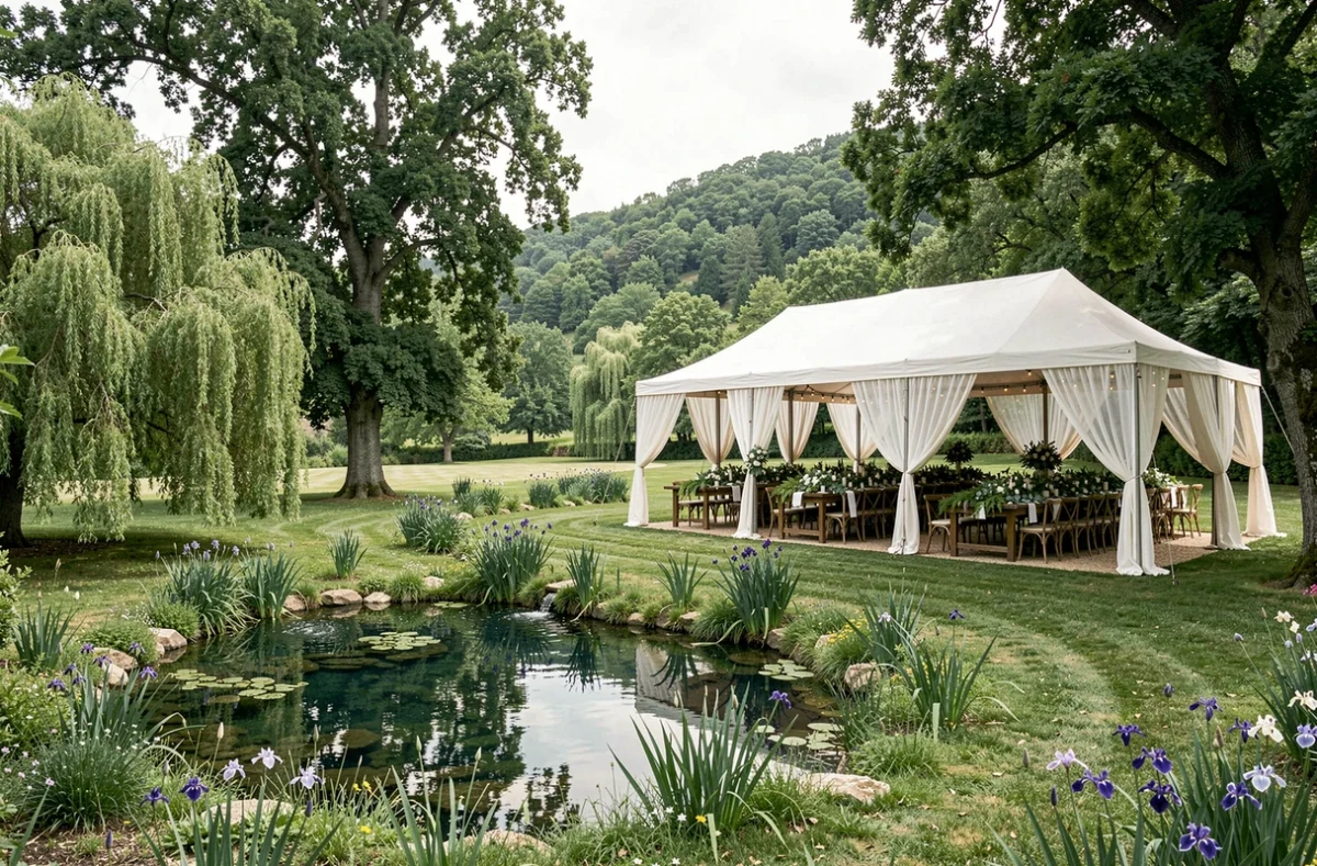 Domaine des Sources en Provence, domaine de mariage au bord d'un étang naturel avec tente de réception blanche dans un cadre boisé et verdoyant