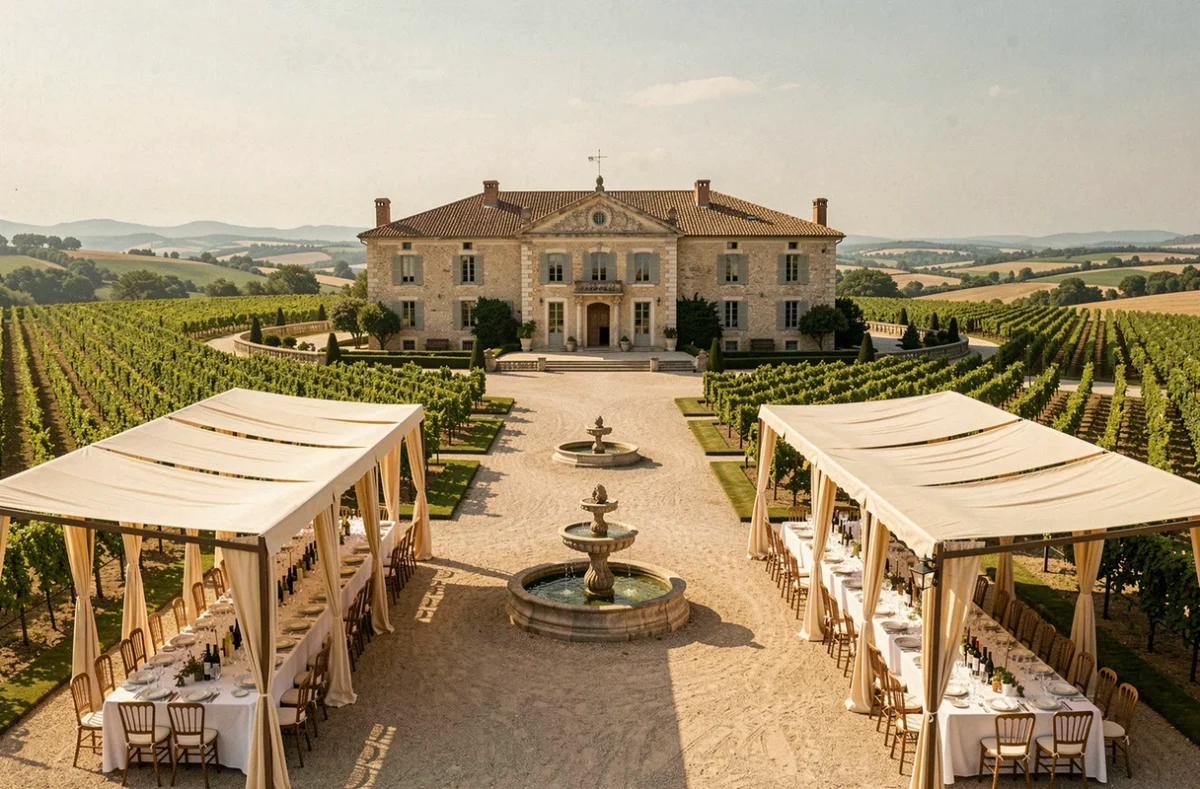 Le Domaine du Castellet dans le Var, château viticole avec esplanade de réception de mariage décorée sous des tentes blanches entourées de vignes
