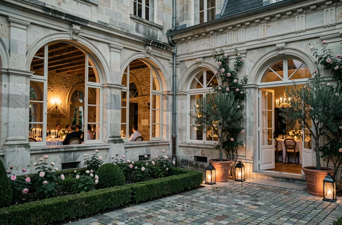 Domaine de l'Hôtel-Noble, maison noble de la Loire avec cour pavée et dîner de mariage élégant visible à travers les fenêtres