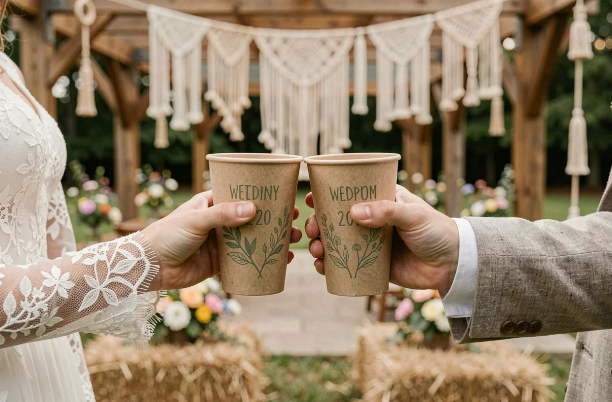 Couple tenant des éco cups personnalisés avec date de mariage et illustration botanique lors d'une réception champêtre