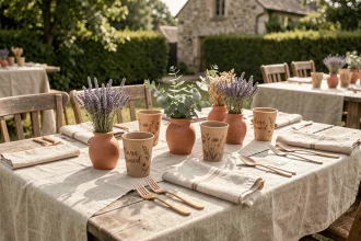Éco cup personnalisé en papier kraft avec calligraphie sur une table de mariage champêtre décorée de lin et de fleurs séchées