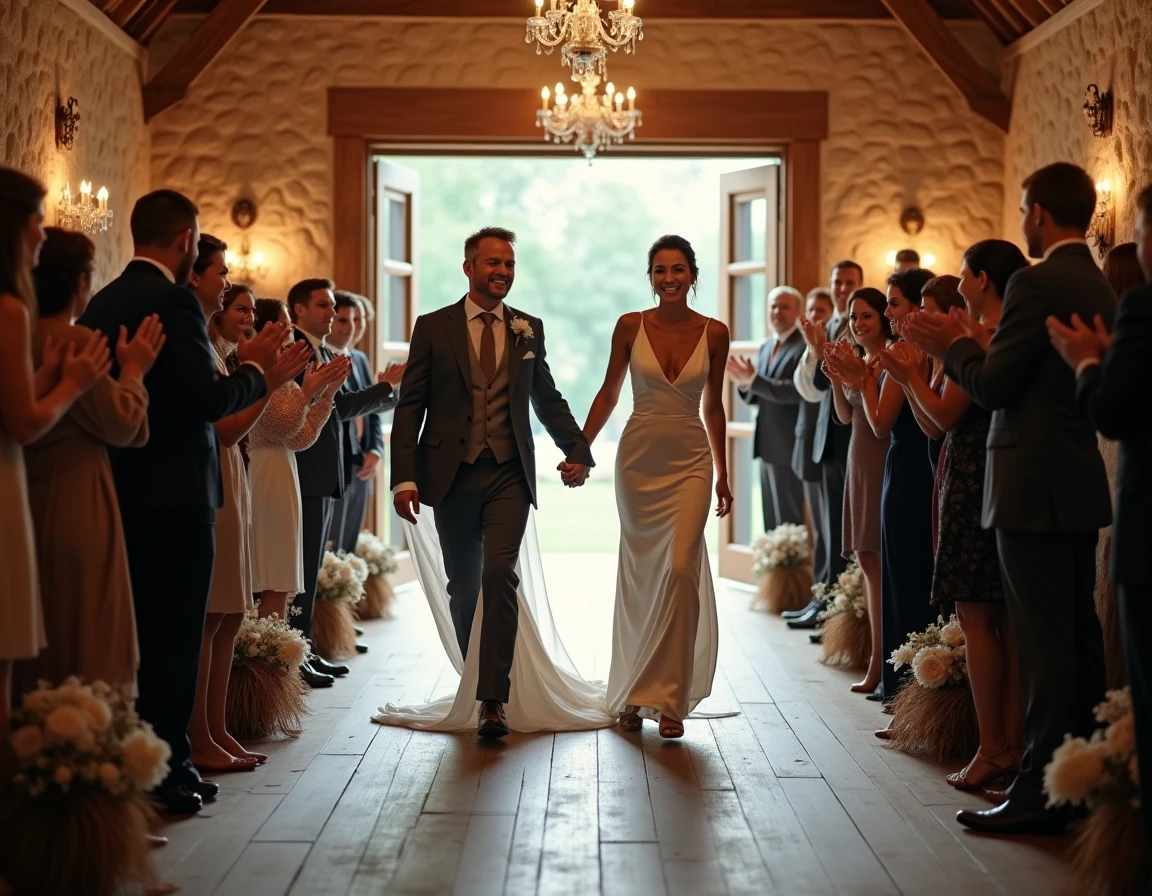 Couple de mariés faisant leur entrée en salle sous les applaudissements des invités dans une grange décorée
