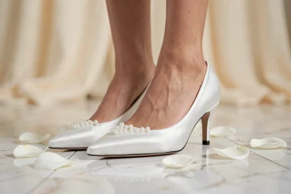 Escarpins blancs en satin pour invitée de mariage élégante avec détail en perle sur marbre poli