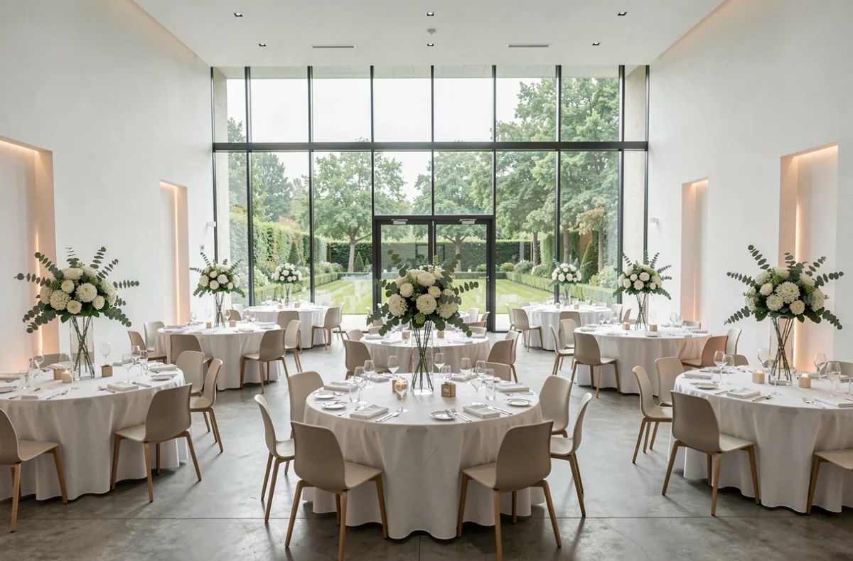 Espace Réception moderne à Tours avec salle de banquet contemporaine, tables décorées et vue sur jardin