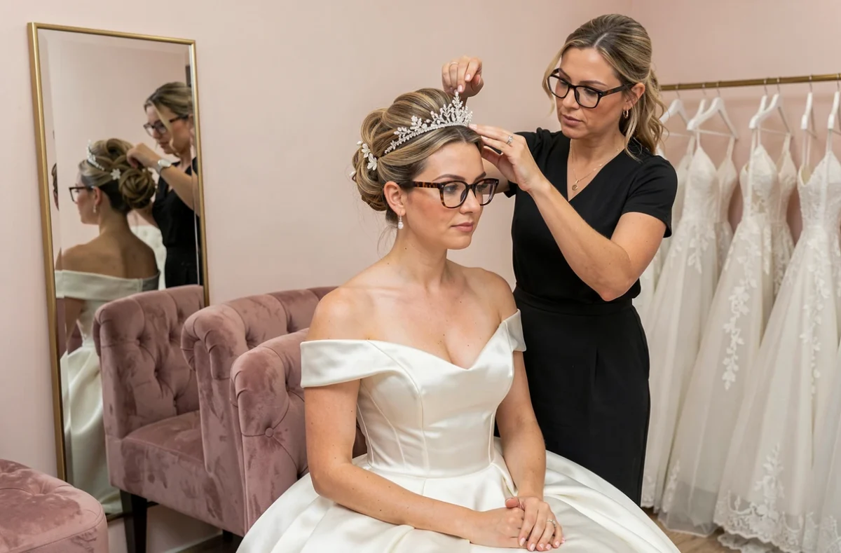 Essayage en boutique mariage d'un headpiece avec lunettes écaille, coiffure chignon floral et robe satin épaules dénudées