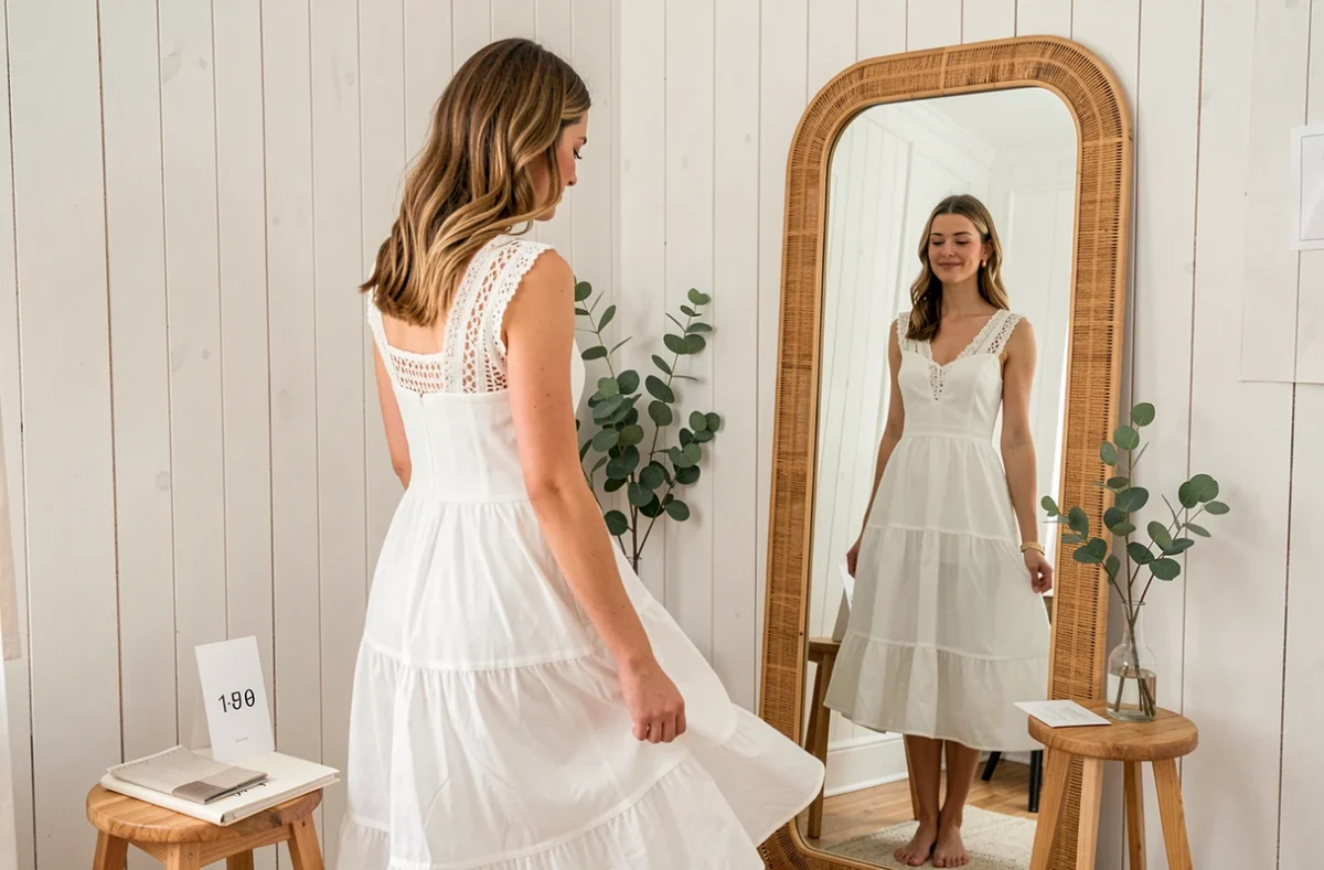 Femme essayant une robe de mariée bohème pas chère en voile coton et crochet dans une boutique lumineuse, reflet dans un miroir en rotin