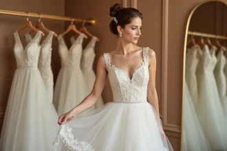 Jeune femme essayant une robe de mariée courte en dentelle dans une boutique de location à Strasbourg