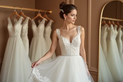 Jeune femme essayant une robe de mariée courte en dentelle dans une boutique de location à Strasbourg