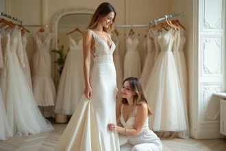 Essayage de robe de mariée dans une boutique nantaise avec une couturière qui effectue des retouches sur l'ourlet