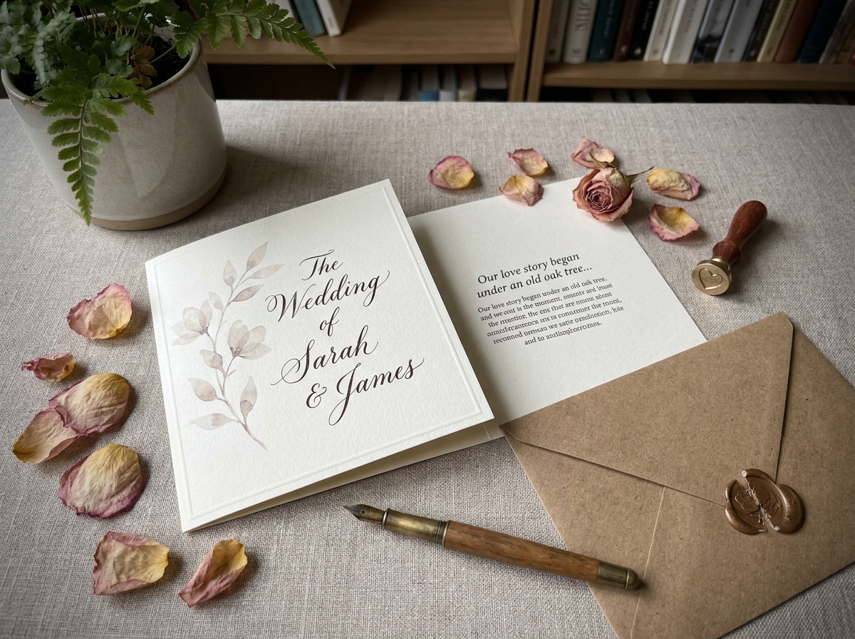 Faire-part de mariage ouvert avec calligraphie élégante entouré de pétales séchés, plume et cachet de cire sur fond lin