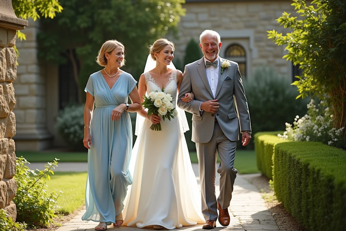 Famille souriante dans un jardin en plein air