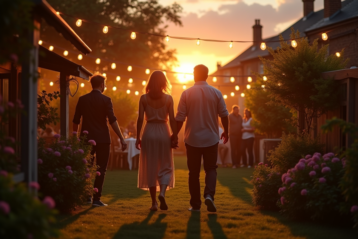 Couple entrant dans le jardin avec famille et guirlandes lumineuses