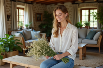 Jeune femme arrangeant un bouquet de fleurs sauvages dans un intérieur rural