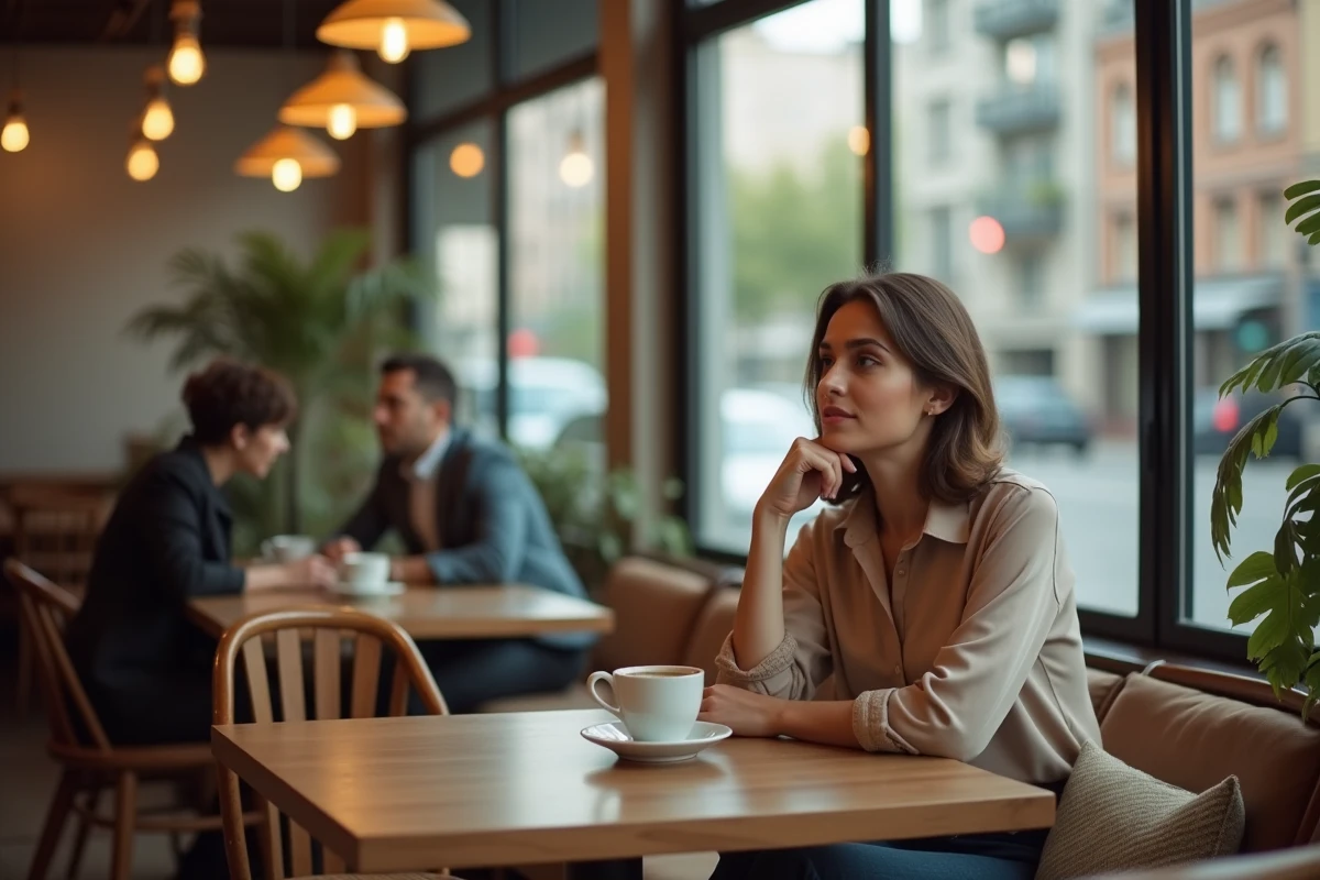 Femme pensant assise dans un café avec une tasse de café