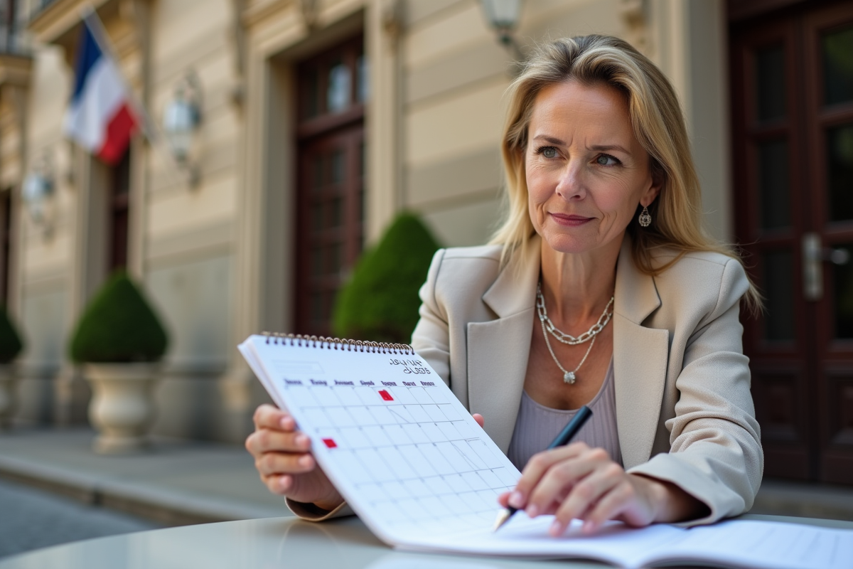 Femme conseillant un couple devant la mairie française