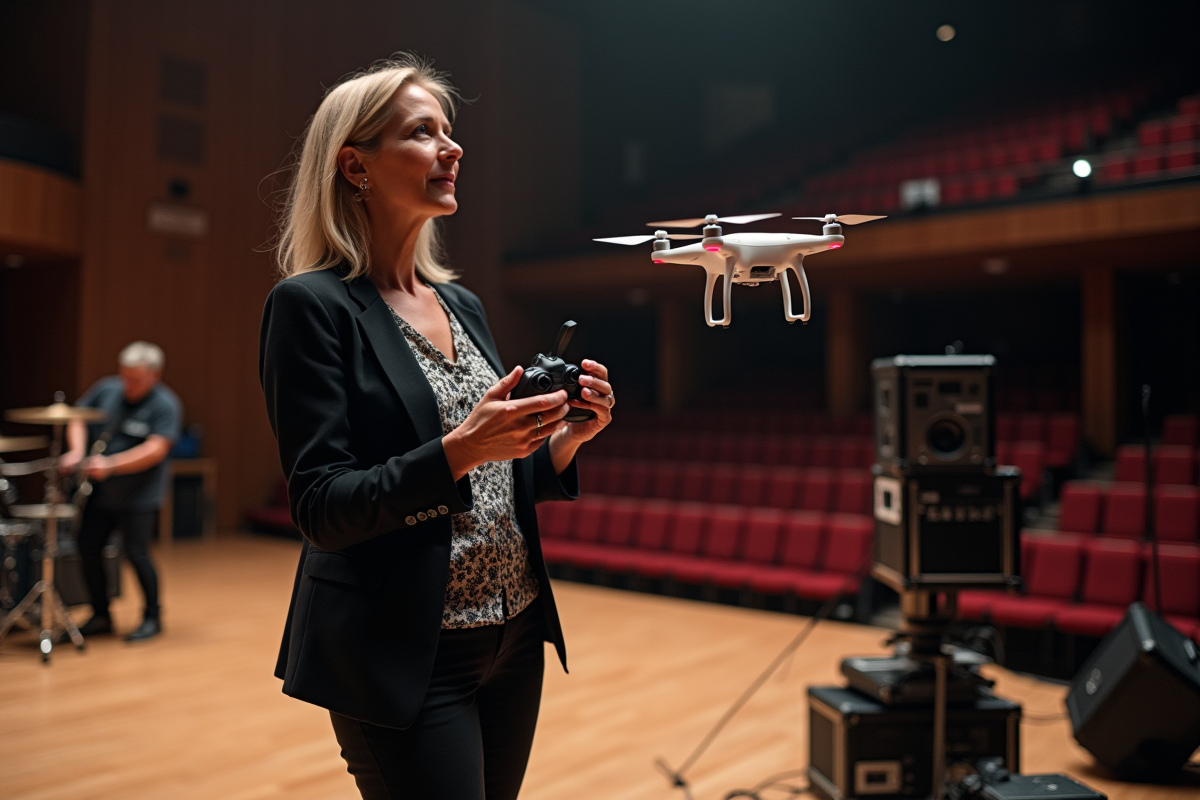 Femme guidant un drone lors d’un concert intérieur