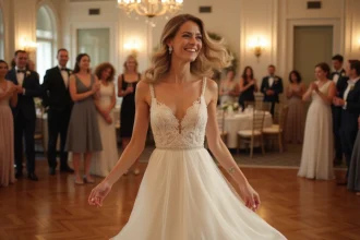 Femme dansante en robe ivoire lors d'un mariage