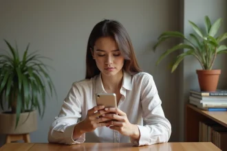 Femme utilisant une application de rencontre dans un appartement cosy