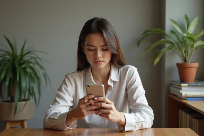 Femme utilisant une application de rencontre dans un appartement cosy