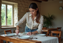 Femme arrangeant des couverts sur une table de salle à manger