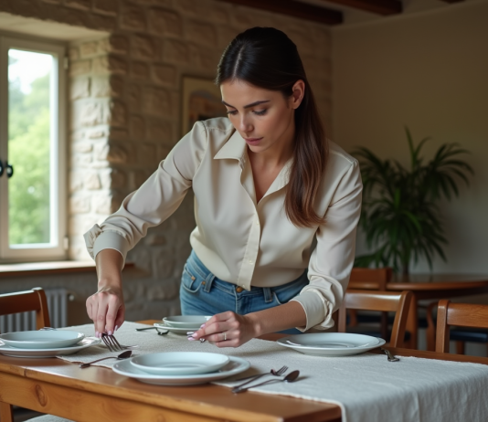 Mise en place d’une table : conseils pratiques pour réussir Femme arrangeant des couverts sur une table de salle à manger