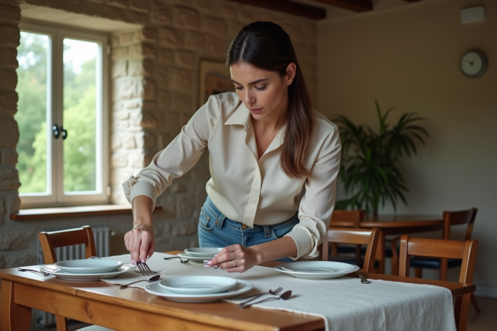 Femme arrangeant des couverts sur une table de salle à manger