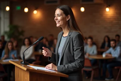Femme qui présente un discours humoristique sur scène lors d'un événement informel avec une gestuelle expressive